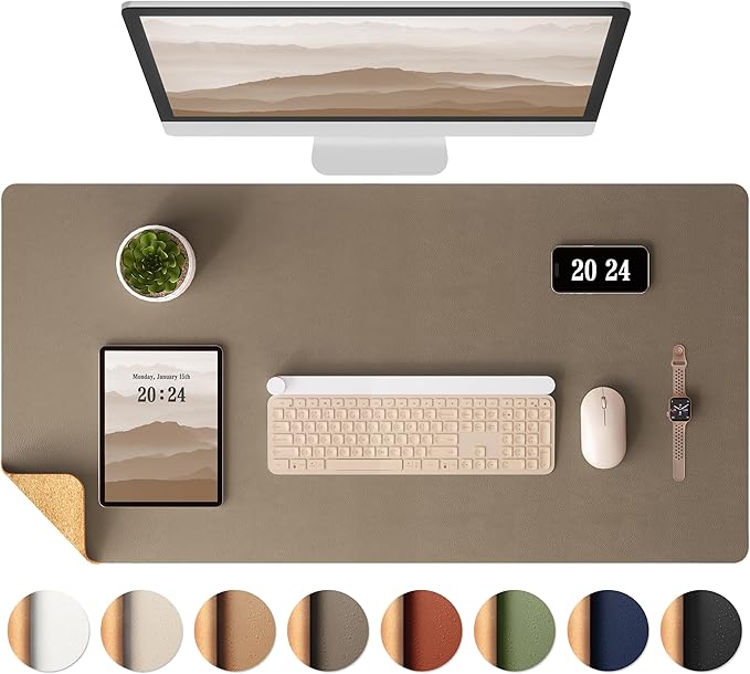 Aothia Dual-Sided Desk Pad - Leather Desk Mat, Natural Cork Desk Pad Protector, Large Mouse Pad for Desk, Waterproof Desk Blotter Pad, Desk Writing Pad for Office Work/Home, Coffee (37.8"x17")