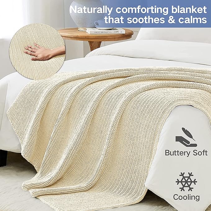 Guohaoi Knitted Weighted Blanket Kids (Cream 50"x60" 7lbs) No Beads Cooling Heavy Blanket, Home Decor Breathable Chunky Knit Throw Blanket for All-Season Use
