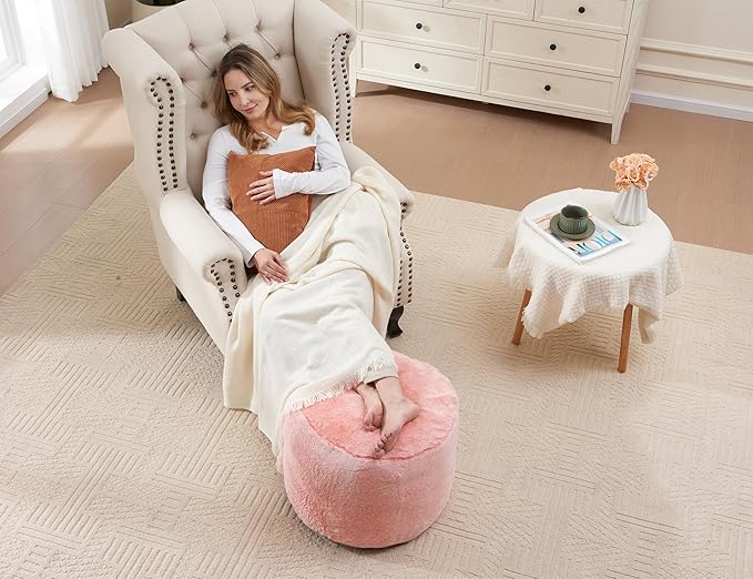 Orange Ottomon with Storage 20"x15" Vanity Stool for Bean Bag Chairs for Adults Kids Filled Floor Pouf Footrest Ottoman Furry Storage Ottoman Round Boho Ottomans for Living Room Decor