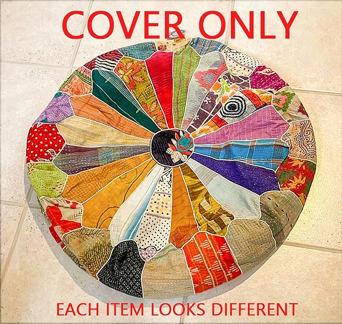 Mandala Life ART Indian Vintage Colorful Pouf Ottoman Cover Handmade Round Floor Cushion Pillow Patchwrok Recycled Cotton Bohemian Room Décor for Yoga and Boho Chic Seating Area 24x8 Unstuffed