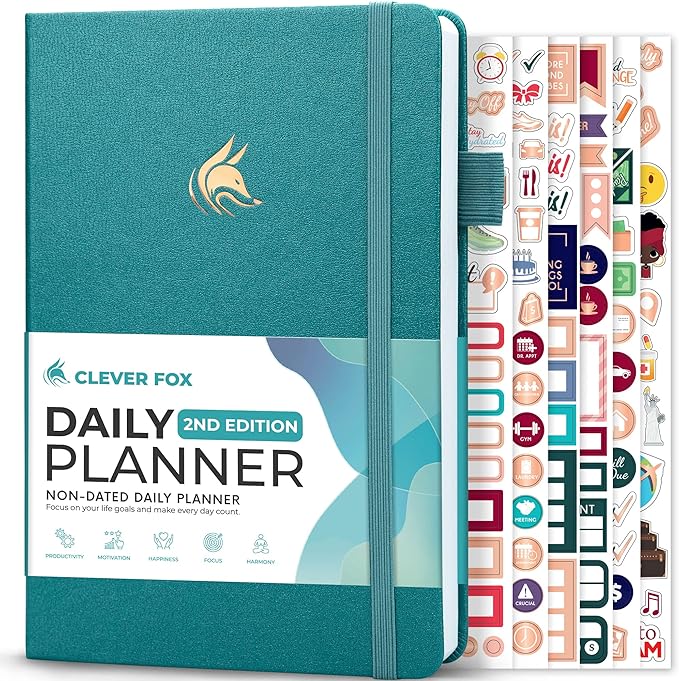 Clever Fox Daily Planner 2nd Edition – Undated Time Block Task Organizer with Hourly Schedule & to-do List – A5, 6 Months (Aquamarine)
