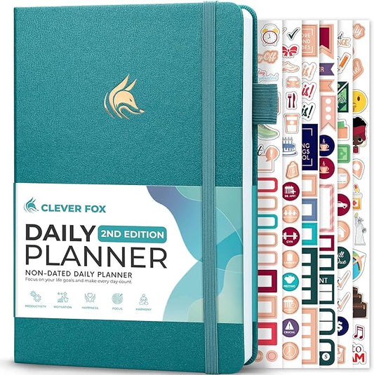 Clever Fox Daily Planner 2nd Edition – Undated Time Block Task Organizer with Hourly Schedule & to-do List – A5, 6 Months (Aquamarine)