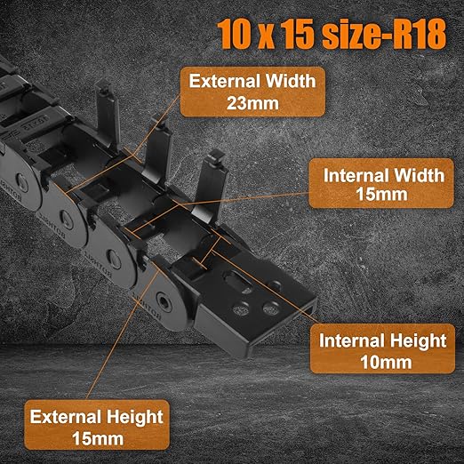 10 x 15mm (Inner H x W) R18 Bridge Type Drag Chain Cable Wire Carrier Protection Chain 39.3inch/1M for 3D Printer and CNC Router Mill,Black Plastic Nylon（Outer Side openable）
