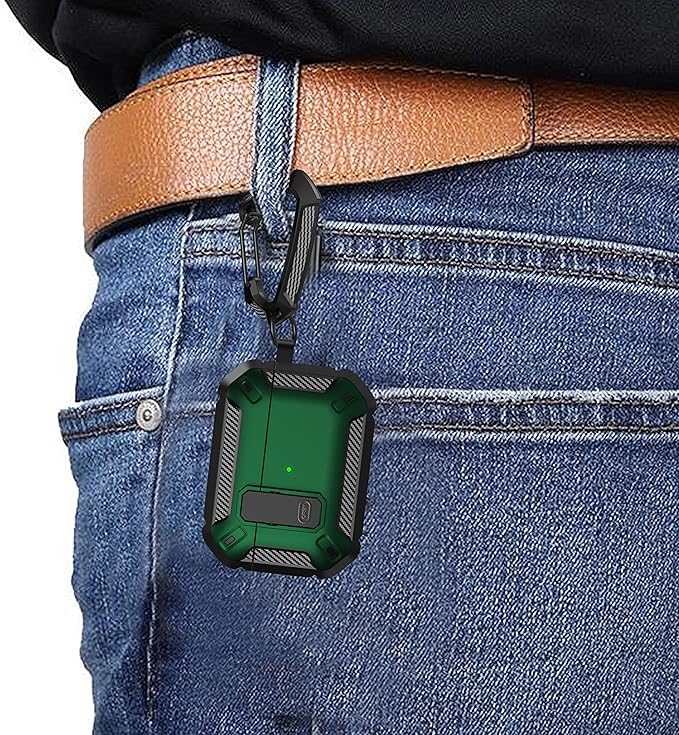 Maxjoy for AirPods Pro Case Cover with Lock, AirPods Pro 1st Generation Case for Men Military Rugged Protective Cover with Keychain Compatible with Apple AirPod Pros 2019 Front LED Visible, Green