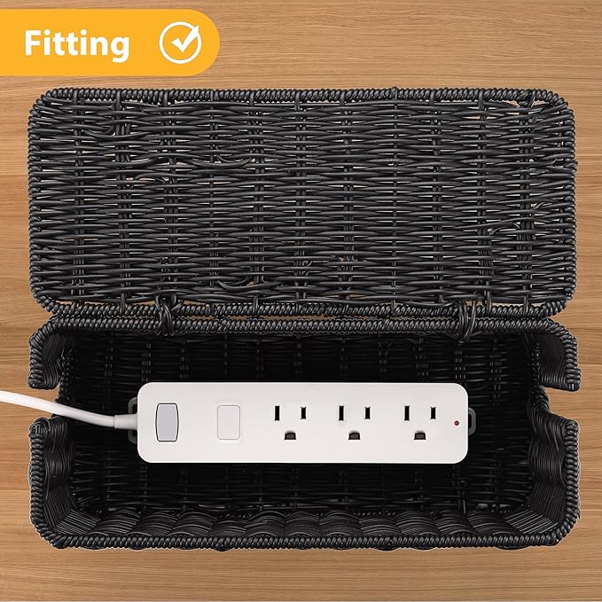 Handmade Cable Management Box, Imitation Rattan Cord Organizer Cord Hider Box, Desk Cord Management Box to Hide Cords and Power Strip L12.5 W5 H5.2 CB2412 Black