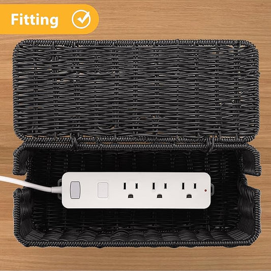 Handmade Cable Management Box, Imitation Rattan Cord Organizer Cord Hider Box, Desk Cord Management Box to Hide Cords and Power Strip L12.5 W5 H5.2 CB2412 Black