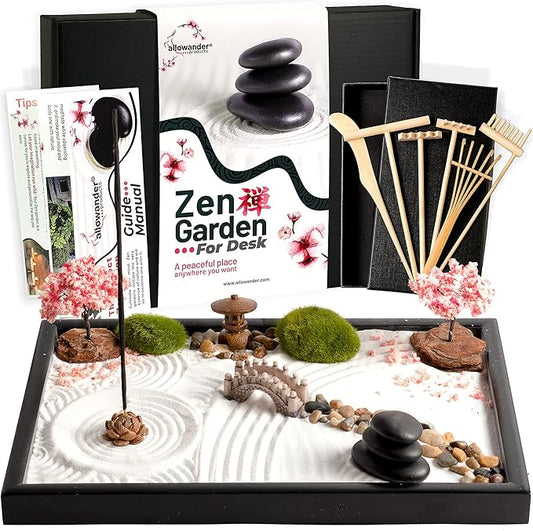 Zen Garden Kit for Desk 12x8in Sand Tray, Japanese Gift Set 14 Accessories and 6 Tools, Meditation Mini Zen Garden, Zen Sand Garden, Home Office Desk Decorations, Therapy Kit, Rock Decor