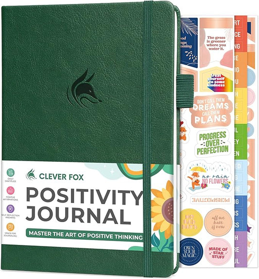 Clever Fox Positivity Journal – Daily Gratitude & Affirmation with Prompts – Motivational Mental Health Notebook with Habit Tracker (Forest Green)