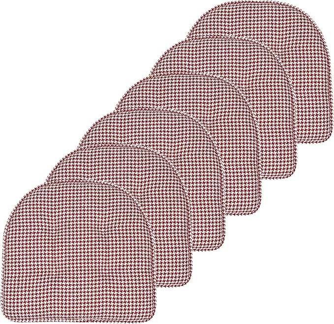 Sweet Home Collection Chair Cushion Memory Foam Pads Tufted Slip Non Skid Rubber Back U-Shaped 17" x 16" Seat Cover, 6 Pack, Houndsooth Red