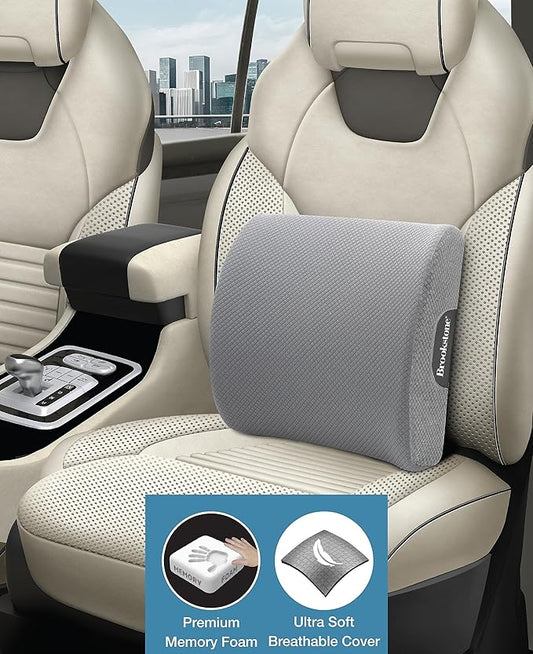 Brookstone - Luxurious Lumbar Support Pillow for Car or Office Chair, Back Cushion with Premium Grade Memory Foam, Breathable and Washable Cover, Adjustable Strap