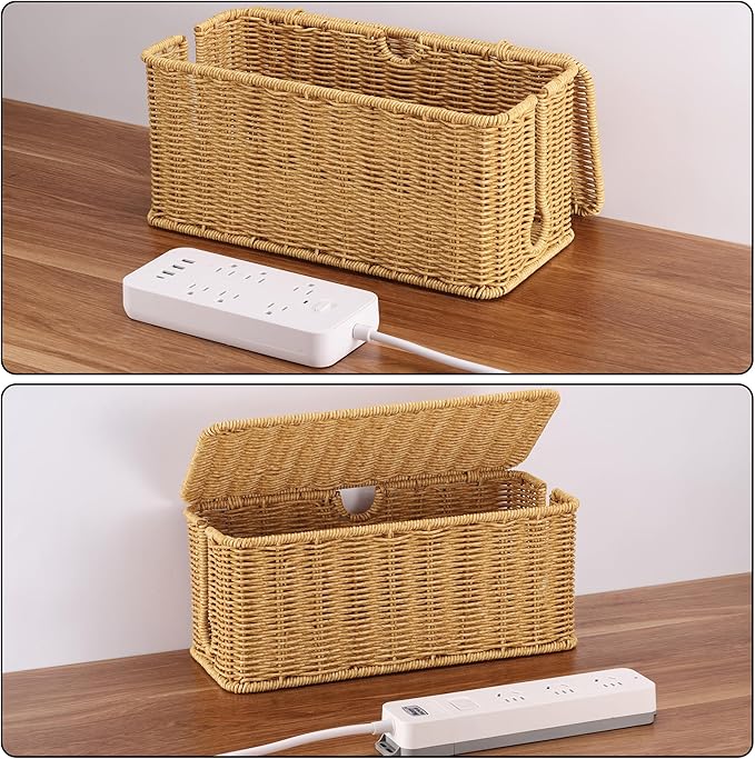 2Pack Large Cable Management Box, Handwoven Imitation Rattan Cord Organizer wire Hider Box, Desk Cord Management to Hide Cords and Power Strips