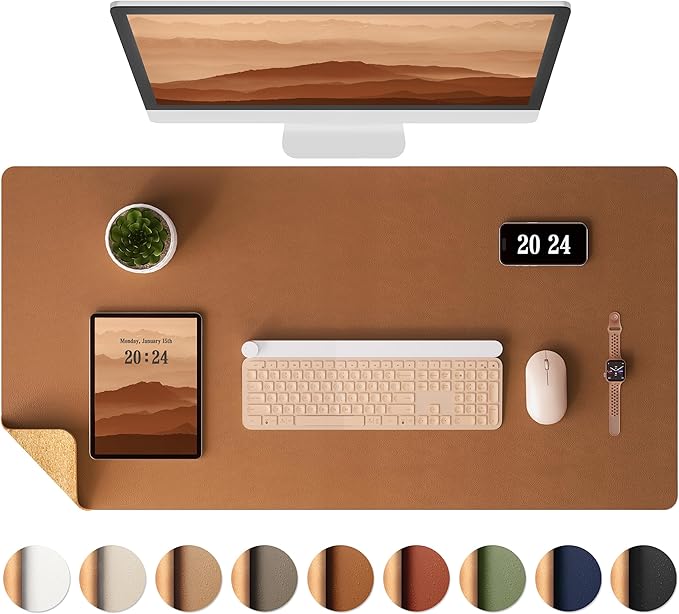 Aothia Double-Sided Desk Pad, Leather Desk Mat, Eco Cork Desk Pad Protector, Large Mouse Pad for Desk, Waterproof Desk Blotter Pad, Writing Pad for Office/Home(23.6""x13.7"",Brown), Brown+cork