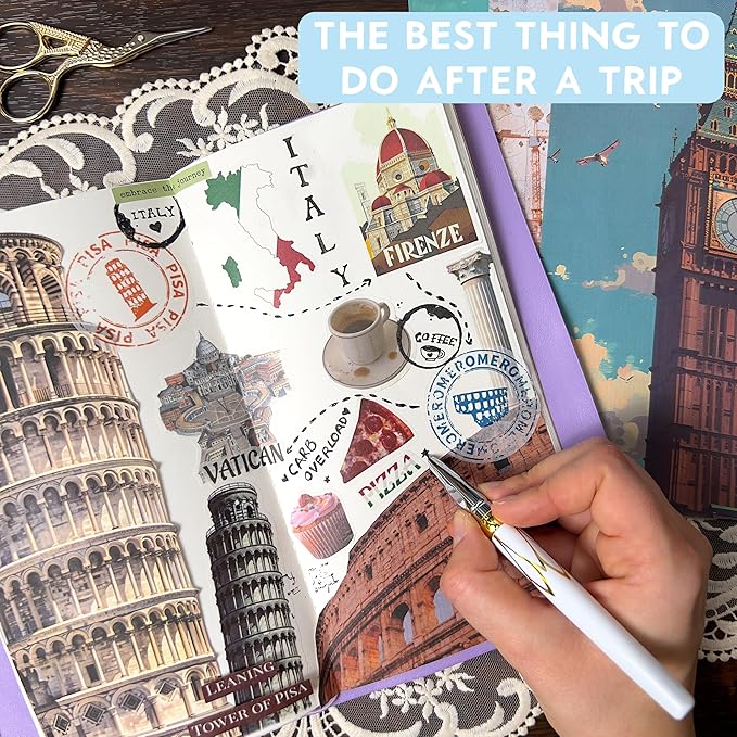 300+ Travel Stickers & 20 A5 Papers - Pre-Cut Washi Stickers for Journaling & Vintage Travel Scrapbooking