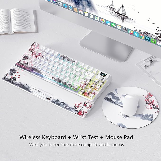 Womier 75% Wireless Mechanical Keyboard with Color Multimedia Screen Gaming Keyboard, Theme 3-Modes Hot Swappable Key Board w/Wrist Rest,SK80 PRO Gasket RGB Custom for Mac/Win,Red Plum