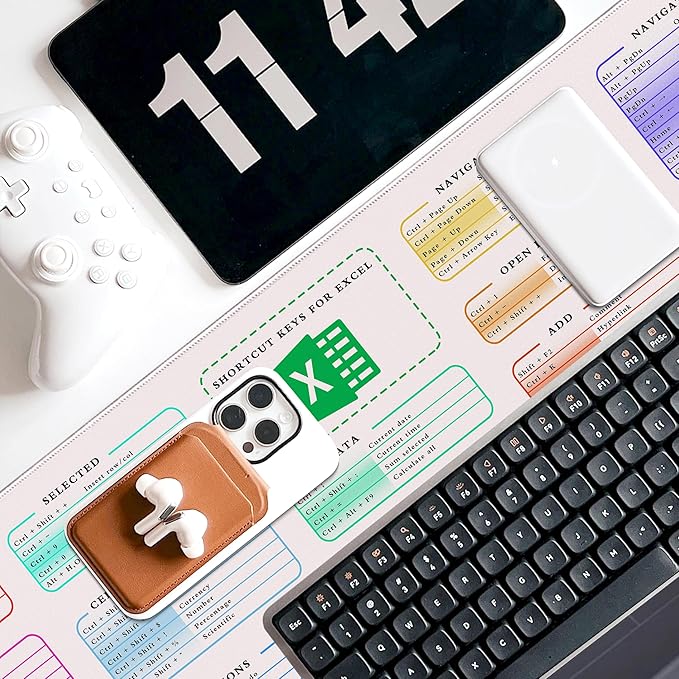 Excel Cheat Sheet Desk Pad, 31.5"x11.8", Waterproof Extra Large Excel Shortcut Mat with Stitched Edges, Anti-Slip Excel Mouse Pad for Office Desk, MS Excel/Word Shortcuts (White Shortcut Key C)