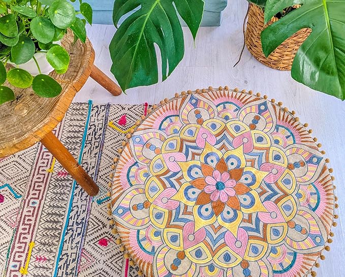 Modern Round Floor Cushion Cover Flower Room Décor Boho Furniture Round Floor Pillow Pouf Footstool Boho Chic Siting Area Stool Cushion Case Luxury Kids Room Décor Cotton 24x8 Unstuffed