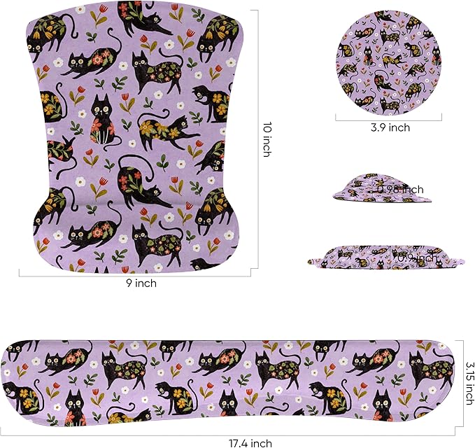 RICHEN Mouse Pad and Keyboard Wrist Rest, 3-in-1 Computer Mousepad and Coaster Set, Non-Slip Keyboard Wrist Rest and Mouse Pad Set Ergonomic Design (Flower Cats)