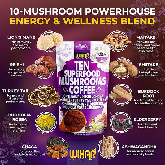 WIXAR Superfood Mushroom Coffee - Instant Coffee Powder, Ten Superfood Extracts with Lion's Mane, Turkey Tail, Reishi, Chaga, Shiitake, Ashwagandha, Rhodiola Rosea, Elderberry, 5oz Mushroom Supplement