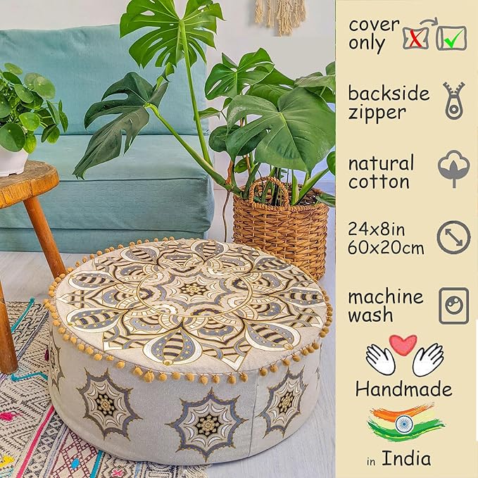 Mandala Life ART Moroccan Floor Pillow Cover Blue Gold Bohemian Décor Pouf Ottoman Latge Round Yoga Floor Cushion Luxury Kids Room Décor Boho Living Room Moroccan Floor Pillow Cotton 24x8 Unstuffed