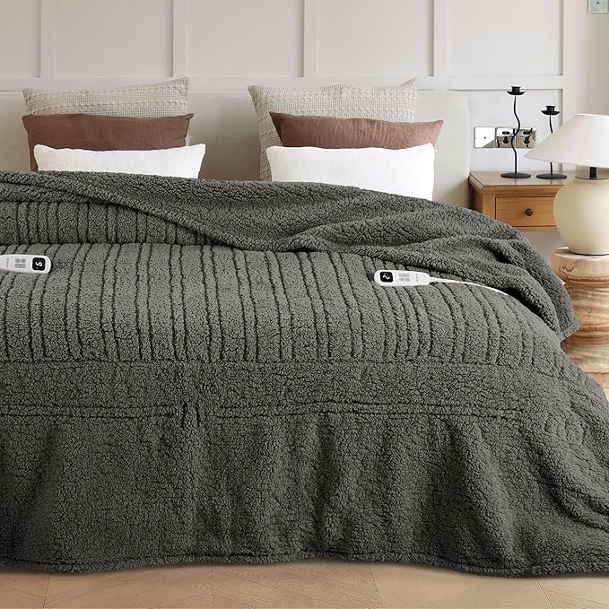 Electric Heated Blanket King 90x100 inches, Fast Heating w/ 10 Heat Settings & 2/4/8/10H Auto Timer, Double-Sided Sherpa, Ultra Soft & Cozy for Couch, Bed, Office, Machine Washable，Grey