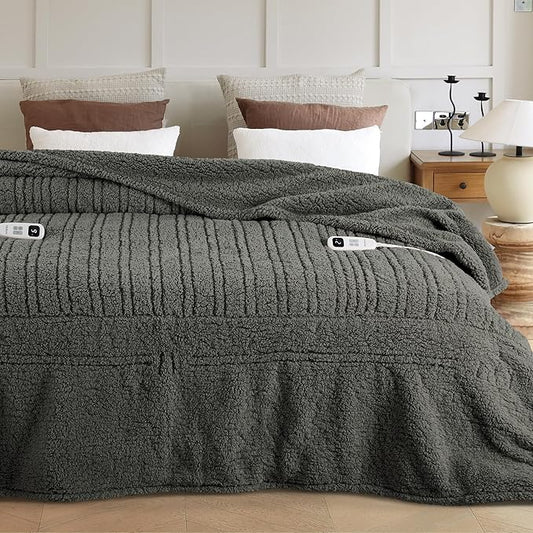 Electric Heated Blanket Queen 84x90 inches, Fast Heating w/ 10 Heat Settings & 2/4/8/10H Auto Timer, Double-Sided Sherpa, Ultra Soft & Cozy for Couch, Bed, Office, Machine Washable，Grey