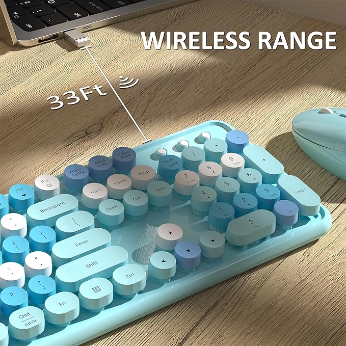 Wireless Keyboard and Mouse, Full-Size Retro Typewriter Keyboard with Round Keycaps, 2.4GHz for Windows, Mac, Laptop, PC, Desktop (Blue Colorful)