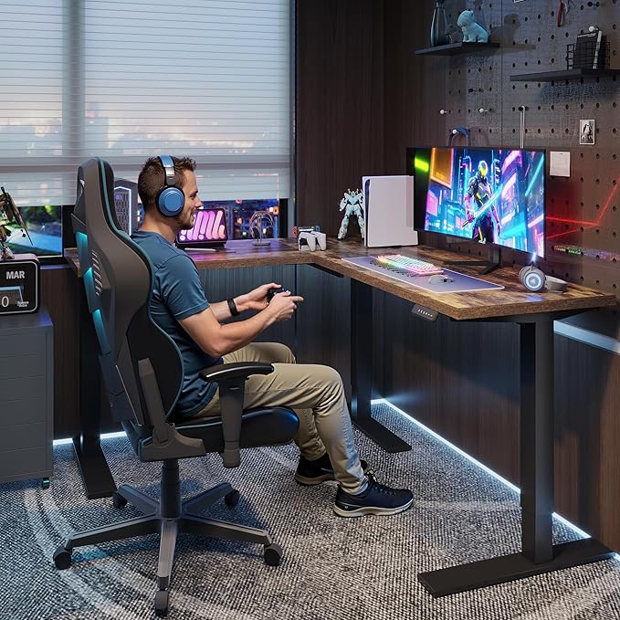 SANODESK L Shaped Standing Desk Adjustable Height, Electric Corner Standing Desk, 71 x 63 inch Sit Stand Computer Table with Splice Board, Rustic Brown