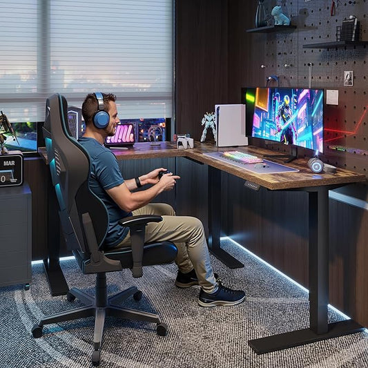 SANODESK L Shaped Standing Desk Adjustable Height, Electric Corner Standing Desk, 71 x 63 inch Sit Stand Computer Table with Splice Board, Rustic Brown