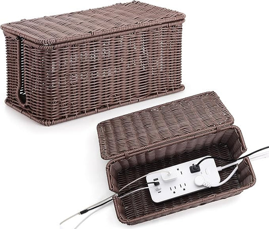 Large Cable Management Box, Handwoven Imitation Rattan Cord Organizer Cord Hider Box, Desk Cord Management Box to Hide Cords and Power Strips, Dark Brown
