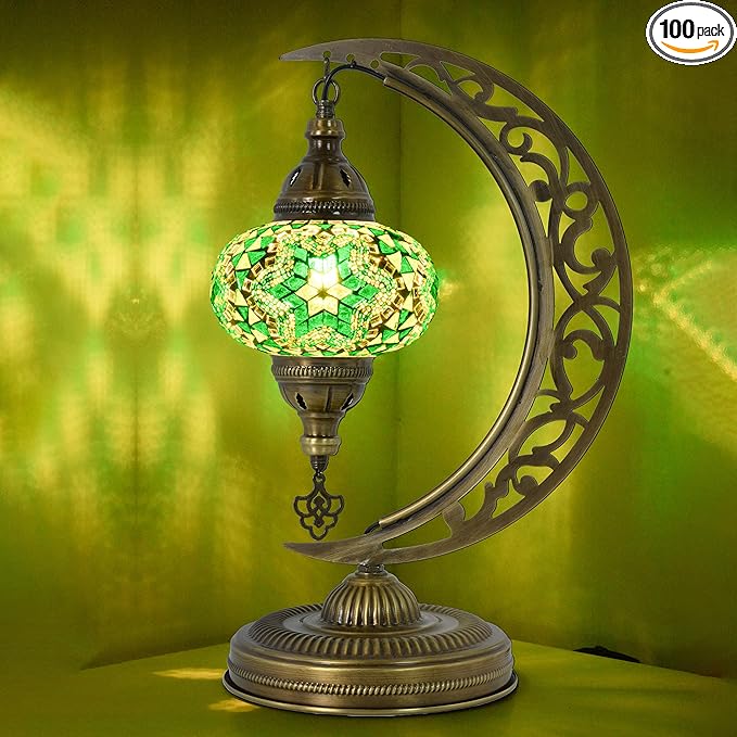 mozaist Turkish Mosaic Moon Shape Table Lamp, Moroccan Crescent Vintage Handmade Desk Light, Country Living Room, Kitchen Island Decorative Lighting, Authentic Bohemian Bedside Dim Nightstand (Green)
