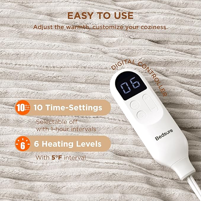 Bedsure GentleSoft Electric Blanket Twin - Soft Ribbed Flannel Heated Blanket, Heating with 10 Time Settings, 6 Heat Settings, and 8 hrs Timer Auto Shut Off, Gifts for Grandma (62x84 inches, Cream)