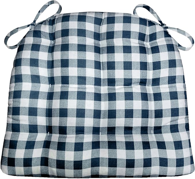 Barnett Home Decor Classic Check Navy Blue Dining Chair Pad with Ties - 19 x 19 Size Large Chair Cushion - Latex Foam Fill - Machine Washable, Reversible, 100% Cotton Plaid, Made in USA