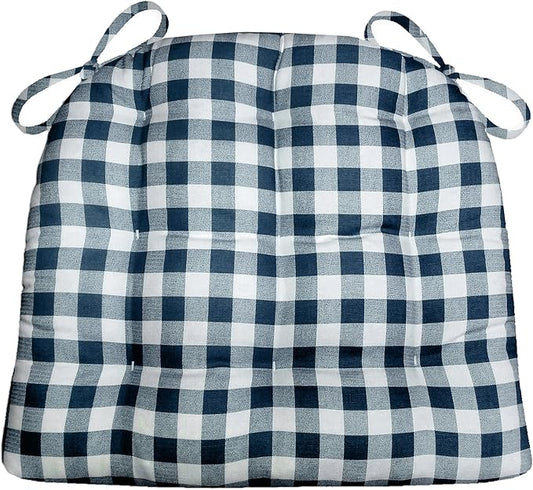 Barnett Home Decor Classic Check Navy Blue Dining Chair Pad with Ties - Medium Size 18 Chair Cushion - Latex Foam Fill - Machine Washable, Reversible, 100% Cotton Plaid, Made in USA