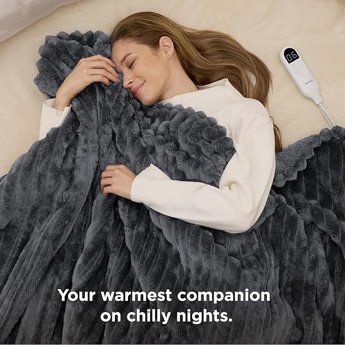 Bedsure Electric Blanket Twin - Thick Striped Flannel Electric Blanket, Heating with 10 Time Settings, 6 Heat Settings, and 8-Hour Timer Auto Shut Off, Gift for Grandma (62x84 inches, Grey)