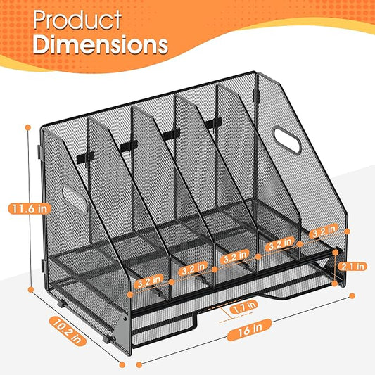Desk File Folder Holder Organizer-5 Vertical Compartments Racks and Paper Letter Tray,Mesh Magazine File Holder Sorter,Desktop Accessories & Workspace Organizers for Home,Office,School-Black