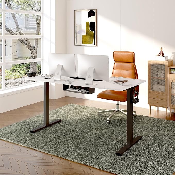FLEXISPOT EN2Whole-Piece Standing Desk with Clamp Power Strip, 48 x 24'' Electric Stand Up Height Adjustable Desk with Cable Management (Black Frame + 48" Marble Gray, 2 Packages)