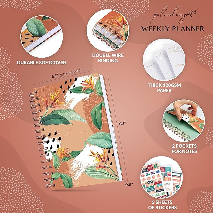 PLANBERRY Weekly Planner – Undated Life Organizer & Budget Planner – Time Management, Goal Setting, To-Do List, Work-Life Balance & Habit Tracker – 6.1″ x 8.1″ (African Terracotta)
