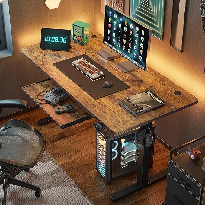 FEZIBO Standing Desk with Keyboard Tray, 60 x 24 Inch Adjustable Height Sit Stand Desk with Memory Presets for Home Office, Ergonomic Computer Workstation, Rustic Brown