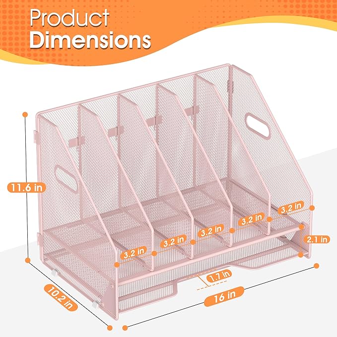 Desk File Folder Holder Organizer-5 Vertical Compartments Racks and Paper Letter Tray,Mesh Magazine File Holder Sorter,Desktop Accessories & Workspace Organizers for Home,Office,School-Pink