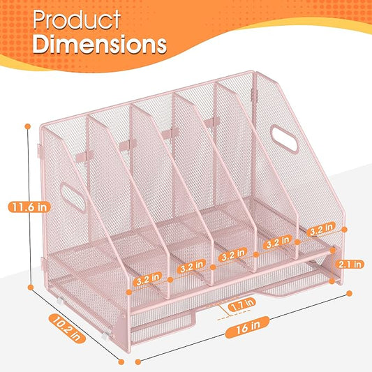 Desk File Folder Holder Organizer-5 Vertical Compartments Racks and Paper Letter Tray,Mesh Magazine File Holder Sorter,Desktop Accessories & Workspace Organizers for Home,Office,School-Pink