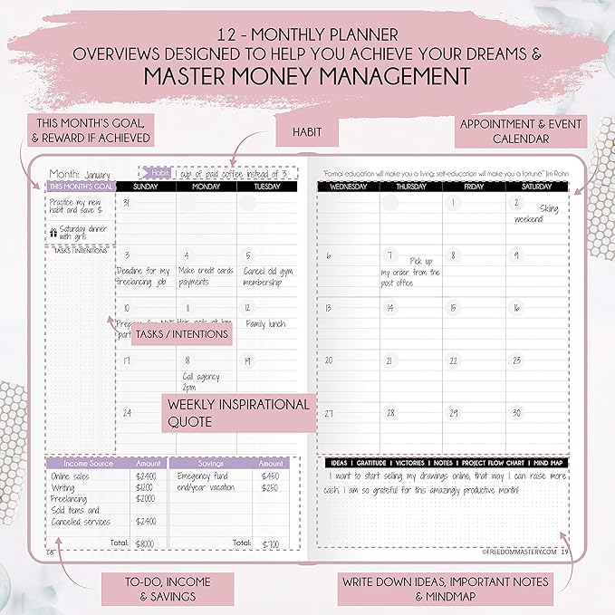 Financial Planner - Monthly Budget Planner & Monthly Bill Organizer | A 12-Month Journey to Financial Freedom | Bill Payment Tracker Organizer, Debt, Expense Tracker & Money Saving with Pockets