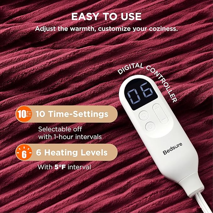 Bedsure GentleSoft Electric Blanket Full Size - Soft Ribbed Flannel Heated Blanket with 6 Heat Settings, Heating with 10 Time Settings, 8 hrs Timer Auto Shut Off, Gifts for Grandma (72"x84", Burgundy)