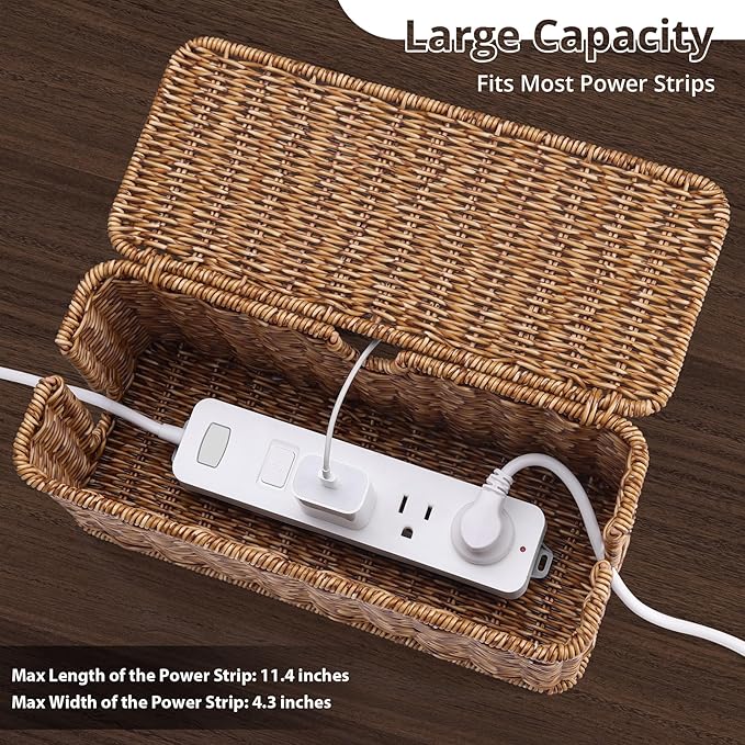 Handmade Cable Management Box, Imitation Rattan Cord Organizer Cord Hider Box, Desk Cord Management Box to Hide Cords and Power Strip L12.5 W5 H5.2 CB2412 Deep Speckled Brown