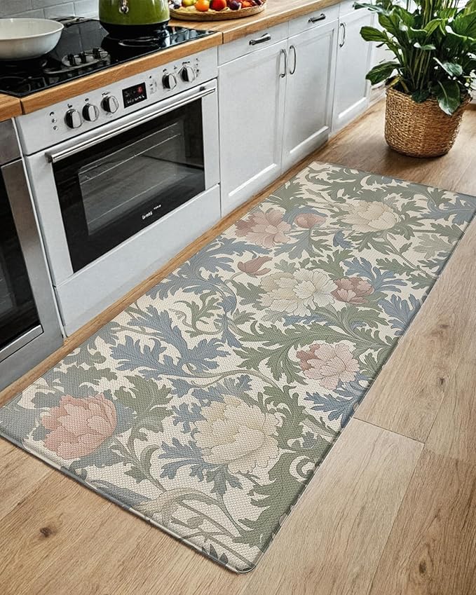 Color&Geometry Floral Kitchen Mat 24"x59", Anti Fatigue Mats for Kitchen Floor, Kitchen Rugs Non Slip, Waterproof & Oil Proof Kitchen Runner for Standing Desk Office, Sink - Floral Beige