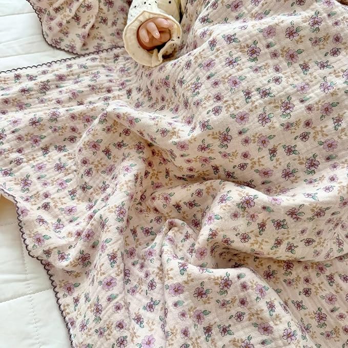 BuLuTu Muslin Cotton Toddler Blanket for Crib, Shabby Chic Purple Floral Print, Large Crib Blanket 47x51 Inch, Cottage Baby Quilt for Unisex Boys Girls Gifts, Soft Lightweight