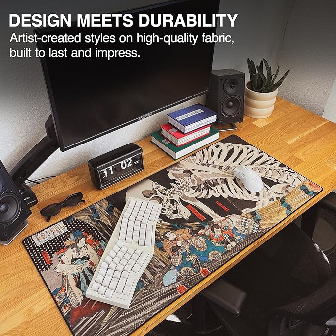 MPCO. Ukiyo-E Large Gaming Desk Pad - 36" x 17" Aeroglyde Fabric Skeleton Desk Mats - Washable, Smooth Glide for Precision Gaming & Work