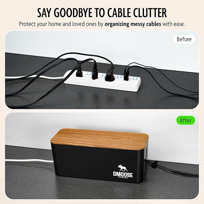 DMoose Cable Management Box - 2 Pack Medium & Large Cord Organizer for Desk & Floor, Cable Organizer Box for Child & Pet - Hider for Tidy Office & Home (Wood Print Lid, Black, Pack of 2)