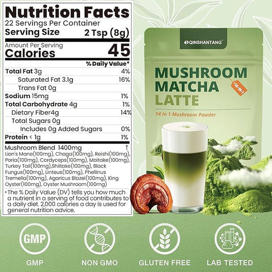 Mushroom Matcha Latte, Ceremonial Matcha Green Tea Powder with 14 Mushrooms, Probiotics and MCT Powder | Lion's Mane, Reishi & Chaga | Instant Latte Mix, Non-GMO, Vegan & Sugar-Free | 6.35 Oz
