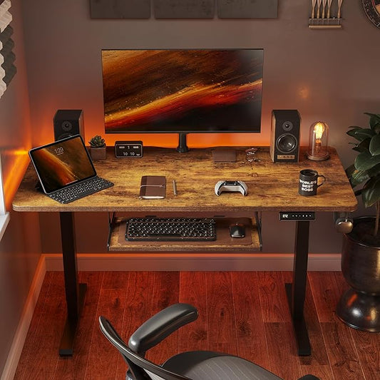 FEZIBO Standing Desk with Keyboard Tray, 55 x 24 Inch Adjustable Height Sit Stand Desk with Memory Presets for Home Office, Ergonomic Computer Workstation, Rustic Brown