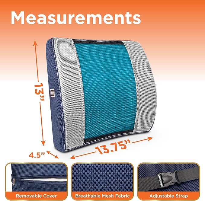 BLACK+DECKER Cooling Gel Lumbar Memory Foam Cushion – Ergonomic Back Support Travel Pillow with Ventilated Mesh, Adjustable Strap, Slow Rebound Memory Foam, Washable Cover